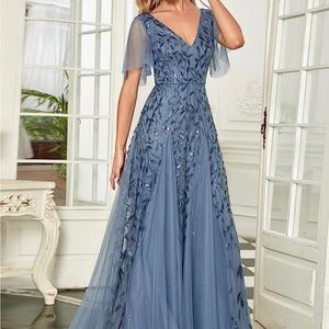 Ever-Pretty Women’s V-Neck Sheer Short Sleeve Formal Gown Haze Blue Size 20